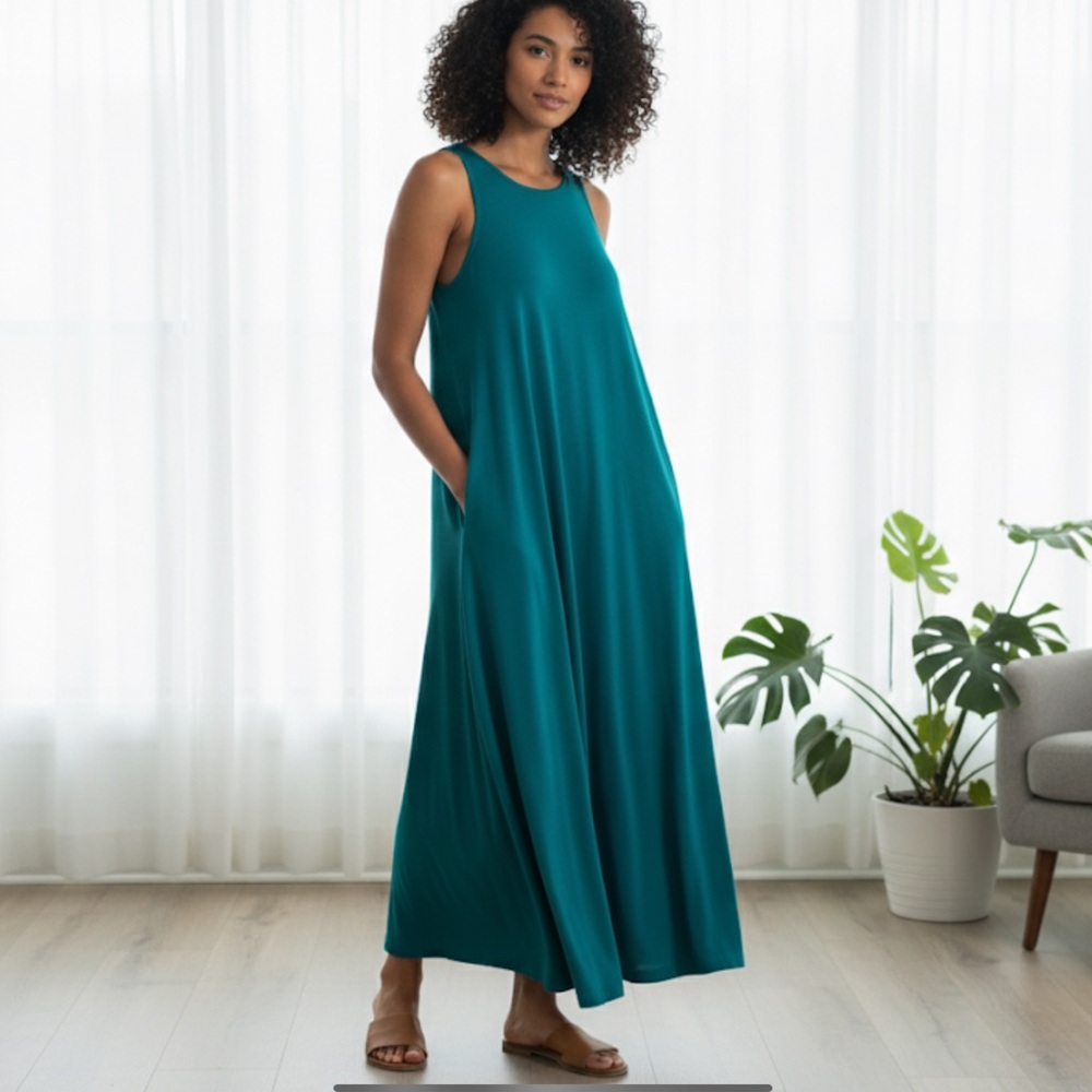 J. Jill Teal Sleeveless A-Line Flowy Maxi Dress Pockets XS
